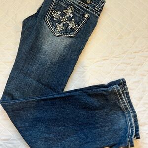 Miss Me Dark Blue Straight Leg Jeans with Embellished Pocket